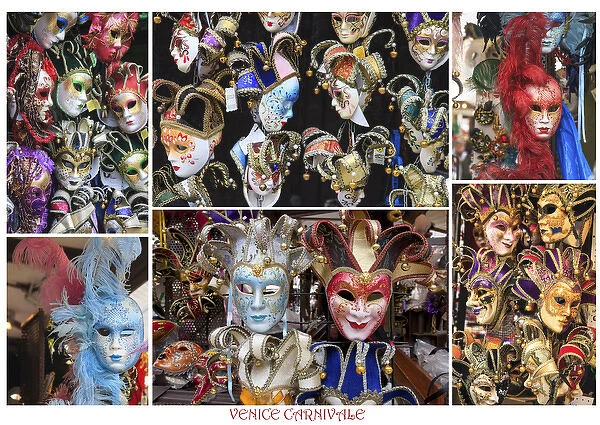 A poster featuring carnival masks shot in shop windows and outdoor stalls throughout