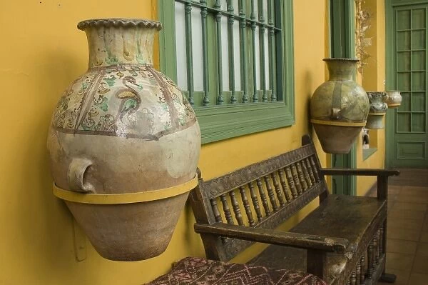 Pottery and bench in house in Barranco neighborhood, Lima, Peru, South America