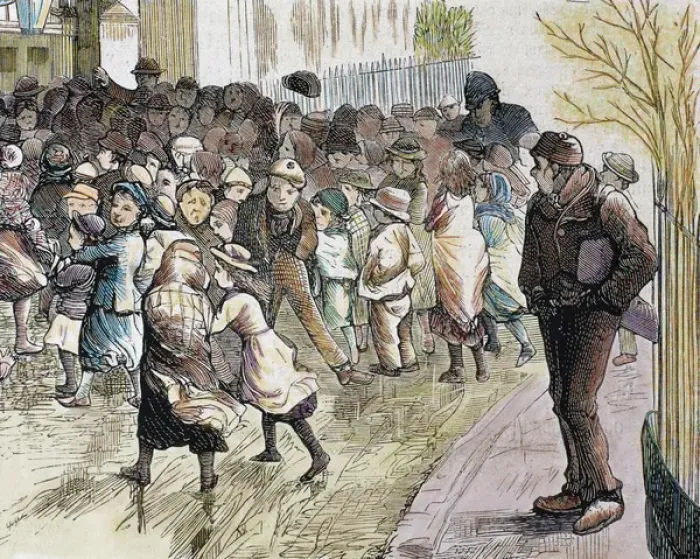 Framed Print : Poverty in Sheffield. Needy kids going to the distribution of food in Vestryhall