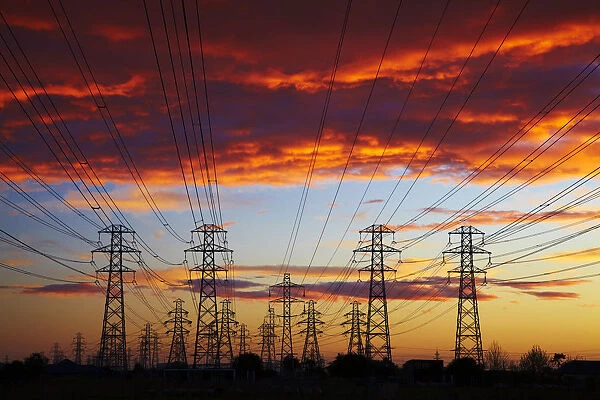 Power pylons at sunset, Christchurch, Canterbury, South Island, New Zealand