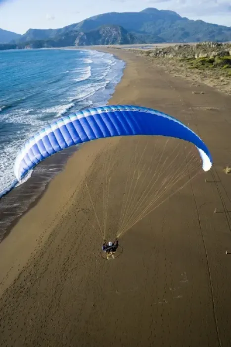 Framed Print : Powered paraglider flying over beach in Dalyan, aerial view, Koycegiz, Mugla, Turkey Framed Print : Powered paraglider flying over beach in Dalyan, aerial view, Koycegiz, Mugla, Turkey