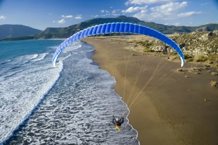 Framed Print : Powered paraglider flying over beach in Dalyan, aerial view, Koycegiz, Mugla, Turkey Framed Print : Powered paraglider flying over beach in Dalyan, aerial view, Koycegiz, Mugla, Turkey