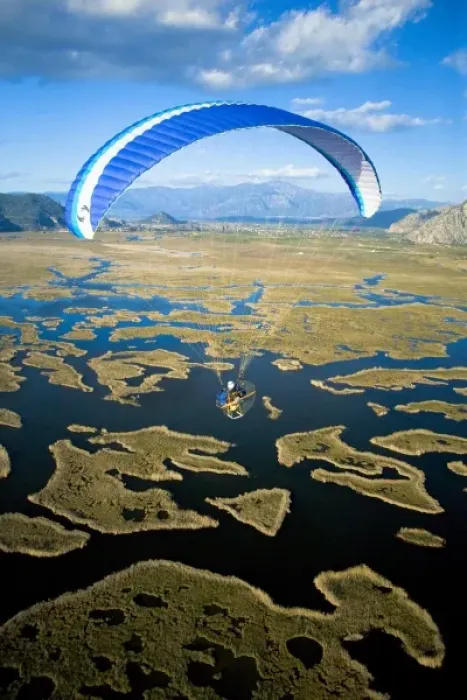 Framed Print : Powered paraglider flying over Dalyan, aerial view, Koycegiz, Mugla, Turkey Framed Print : Powered paraglider flying over Dalyan, aerial view, Koycegiz, Mugla, Turkey