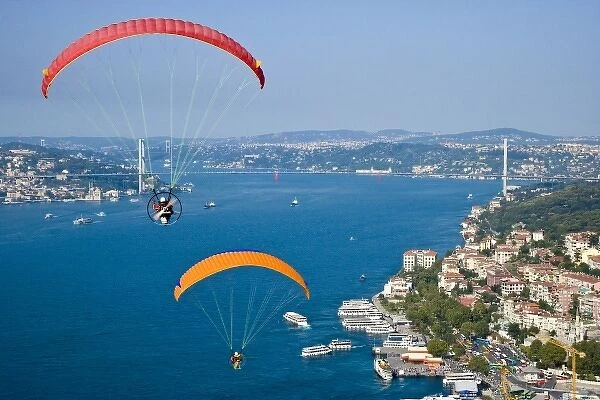 Two powered paragliders flying over the Bosphorus, aerial view, Istanbul, Turkey