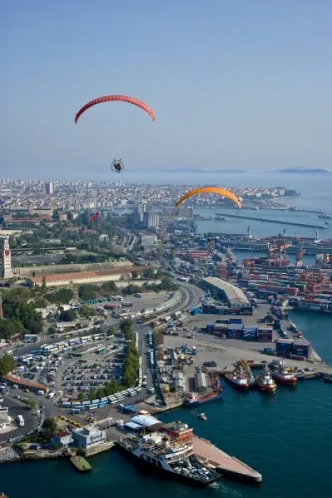 Framed Print : Two powered paragliders flying over Harem, aerial view, Istanbul, Turkey