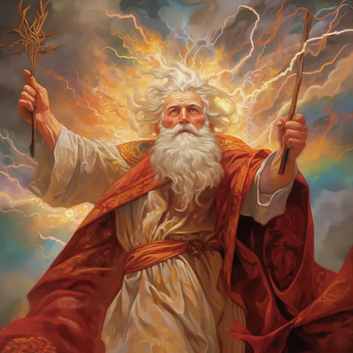 Framed Print : Powerful male wizard or god-like figure with wands. Painting-style. (AI Generated) Framed Print : Powerful male wizard or god-like figure with wands. Painting-style. (AI Generated)