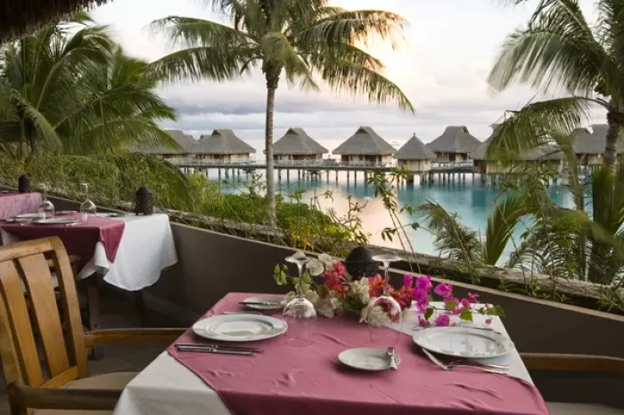 Framed Print : PR Main dining room at Bora Bora Nui Resort. Dusk light