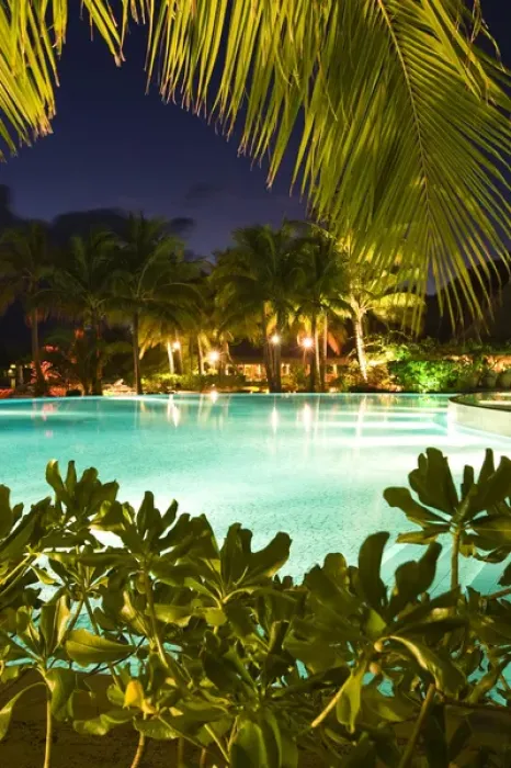 Framed Print : PR Swimming pool at dusk at Bora Bora Nui Resort Framed Print : PR Swimming pool at dusk at Bora Bora Nui Resort