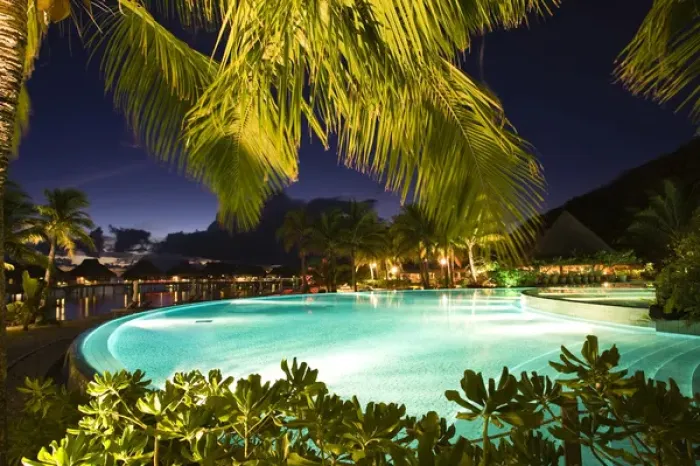 Framed Print : PR Swimming pool at dusk at Bora Bora Nui Resort Framed Print : PR Swimming pool at dusk at Bora Bora Nui Resort
