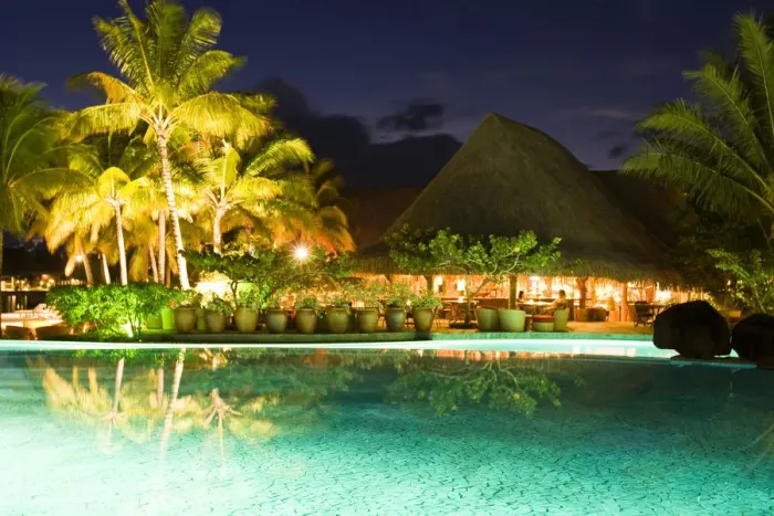 Framed Print : PR Swimming pool at dusk at Bora Bora Nui Resort Framed Print : PR Swimming pool at dusk at Bora Bora Nui Resort