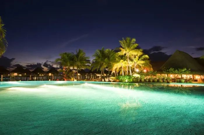Framed Print : PR Swimming pool at dusk at Bora Bora Nui Resort Framed Print : PR Swimming pool at dusk at Bora Bora Nui Resort
