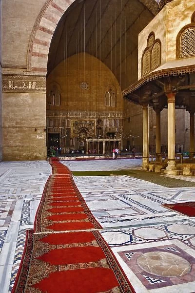 Prayer rugs leading into Islamic mosque, Cairo, Egypt