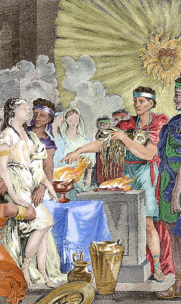 Presentation at the Inca temple of three virgins to be consecrated to the sun. Colored engraving