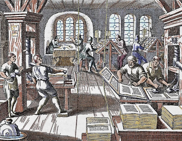 Printing press. Seventeenth century. Colored engraving of Gottfried Historical Chronicle