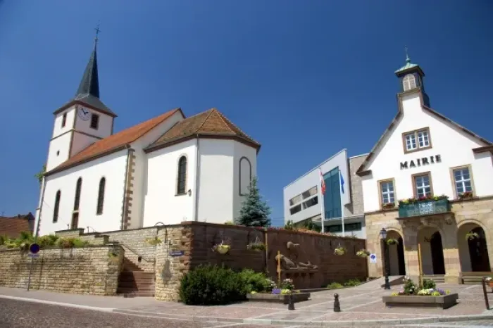 Framed Print : Protestant church and municipal offices at the village of Betschdorf, France Framed Print : Protestant church and municipal offices at the village of Betschdorf, France