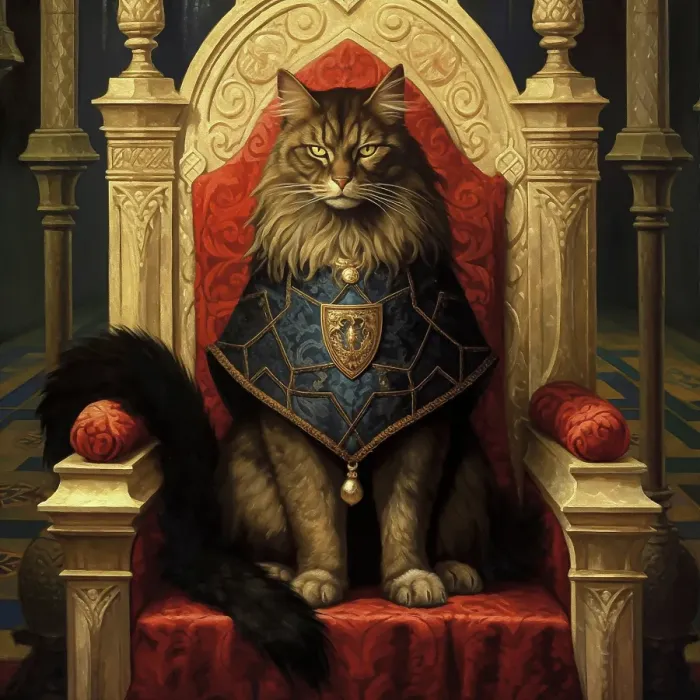 Framed Print : A proud long-haired cat sitting on a throne. Painting style. (AI Generated) Framed Print : A proud long-haired cat sitting on a throne. Painting style. (AI Generated)
