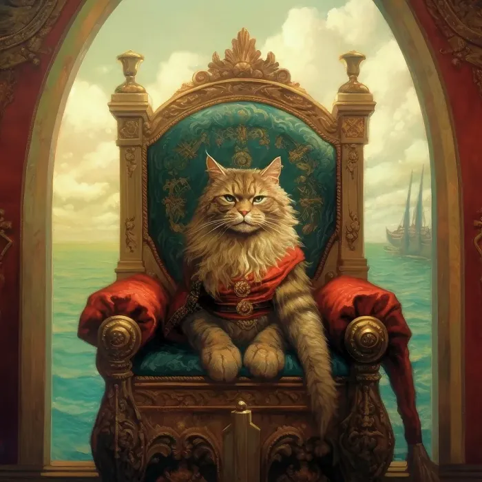 Framed Print : A proud long-haired cat sitting on a throne. Painting style. (AI Generated) Framed Print : A proud long-haired cat sitting on a throne. Painting style. (AI Generated)