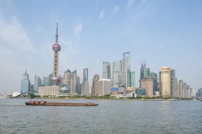 Framed Print : Pudong district skyline with shipping on the Huangpu River Shanghai, China Framed Print : Pudong district skyline with shipping on the Huangpu River Shanghai, China