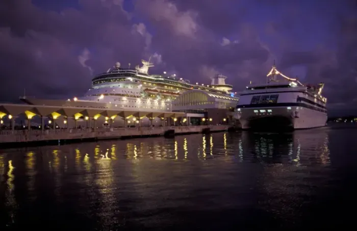 Framed Print : Puerto Rico, Old San Juan. Tourist port; cruise ships in sunset light