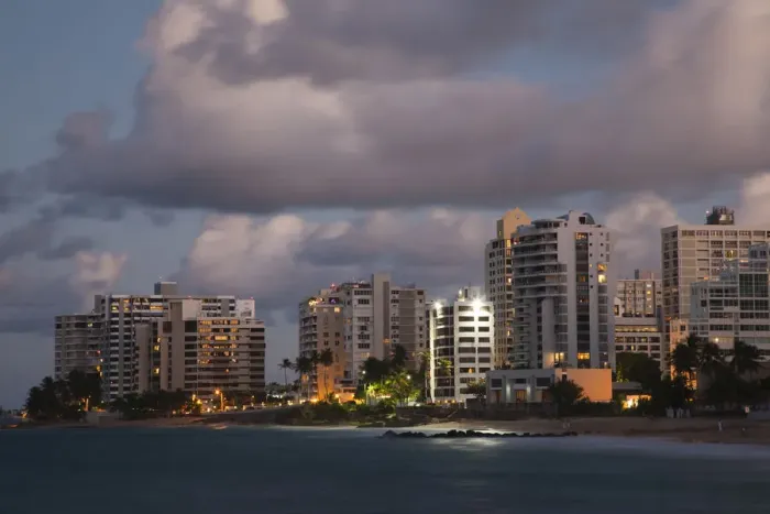 Framed Print : Puerto Rico, San Juan, Condado, Condado high rise buildings and Condado Beach, dusk Framed Print : Puerto Rico, San Juan, Condado, Condado high rise buildings and Condado Beach, dusk
