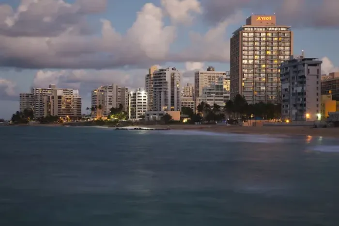 Framed Print : Puerto Rico, San Juan, Condado, Condado high rise buildings and Condado Beach, dusk Framed Print : Puerto Rico, San Juan, Condado, Condado high rise buildings and Condado Beach, dusk