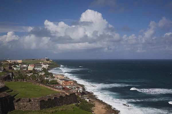 Puerto Rico, San Juan, Old San Juan, El Morro Fortress and La Perla village from Fort San Cristobal
