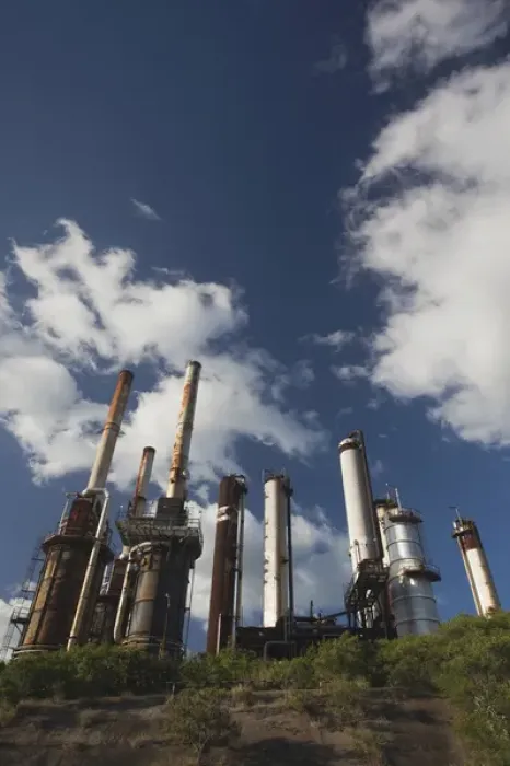 Framed Print : Puerto Rico, South Coast, Guayanilla, smokestacks of abandoned oil refinery