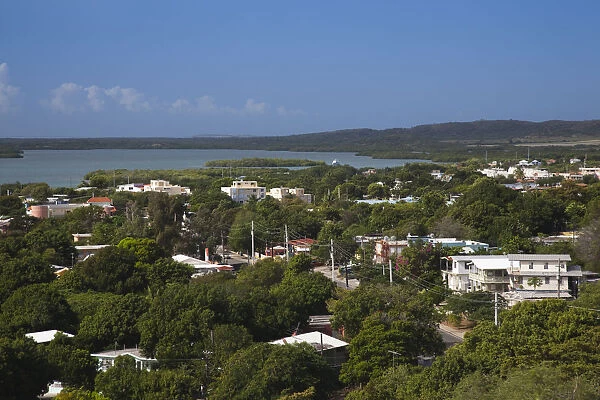 Puerto Rico, South Coast, La Parguera, elevated town view by Bahia de Fosforescente bay