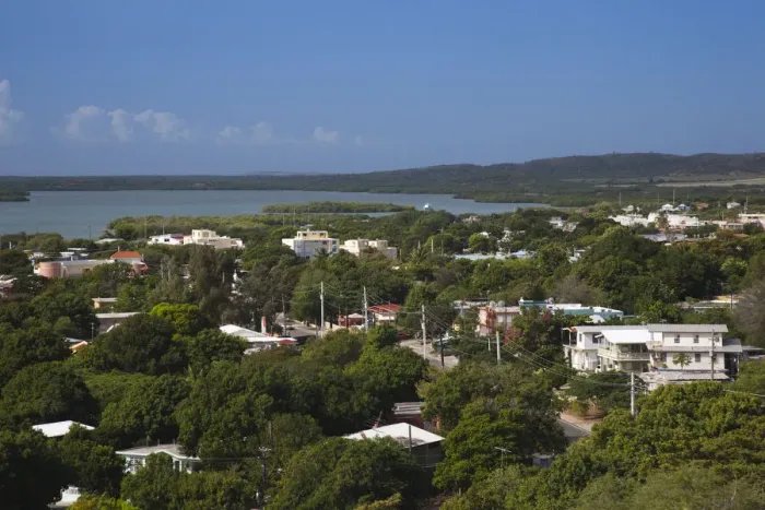 Framed Print : Puerto Rico, South Coast, La Parguera, elevated town view by Bahia de Fosforescente bay Framed Print : Puerto Rico, South Coast, La Parguera, elevated town view by Bahia de Fosforescente bay