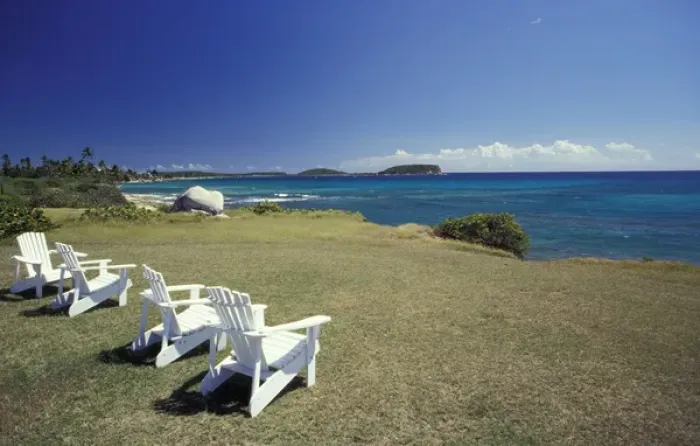 Framed Print : Puerto Rico, Vieques Island. Private beach and chairs facing the ocean