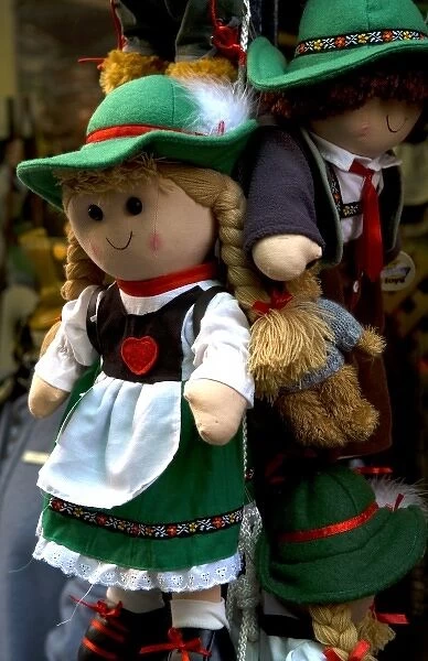 Puppets for sale at store in Satzburg Austria with alpine hats