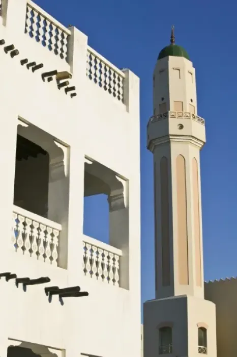 Framed Print : Qatar, Ad Dawhah, Doha. Mosque Minaret Detail along Ali bin Abdullah Street  /  Sunset