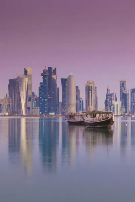 Framed Print : Qatar, Doha, Dhows on Doha Bay with West Bay skyscrapers, dawn Framed Print : Qatar, Doha, Dhows on Doha Bay with West Bay skyscrapers, dawn