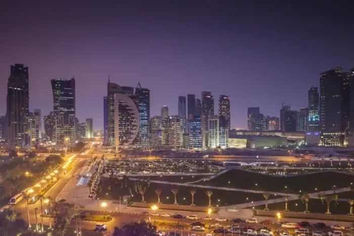 Framed Print : Qatar, Doha, Doha Bay, West Bay Skyscrapers, elevated view, dusk
