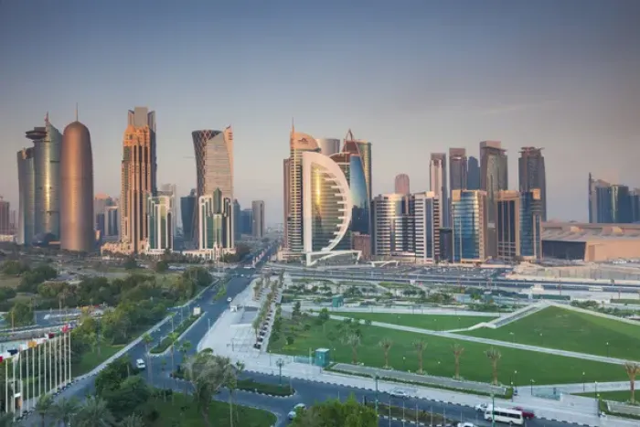 Framed Print : Qatar, Doha, Doha Bay, West Bay Skyscrapers, elevated view, dawn