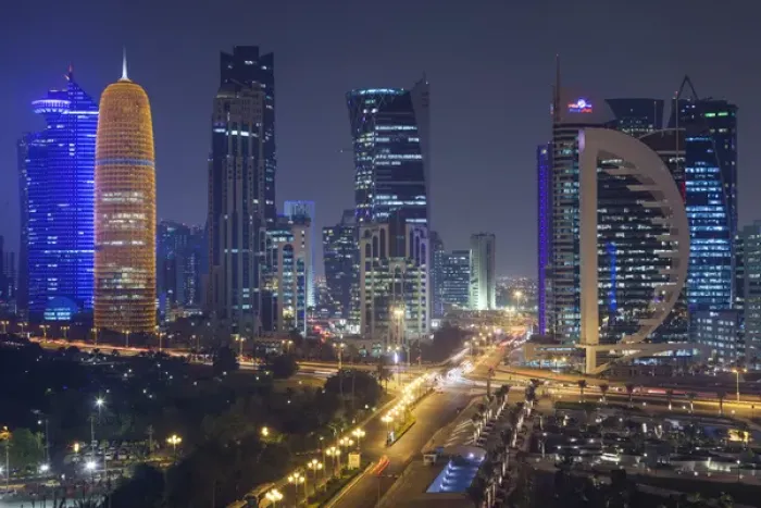 Framed Print : Qatar, Doha, Doha Bay, West Bay Skyscrapers, elevated view, dusk
