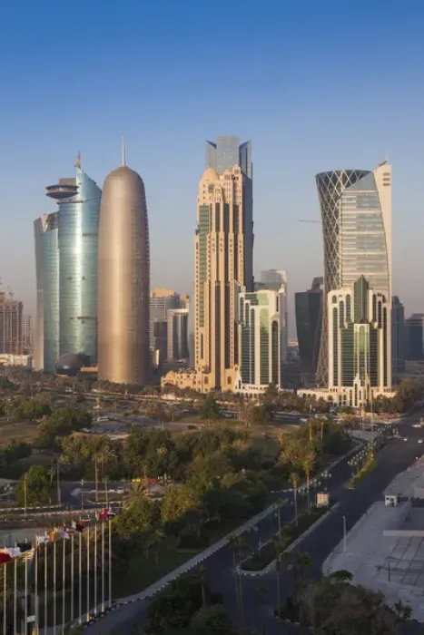 Framed Print : Qatar, Doha, Doha Bay, West Bay Skyscrapers, elevated view, dawn Framed Print : Qatar, Doha, Doha Bay, West Bay Skyscrapers, elevated view, dawn