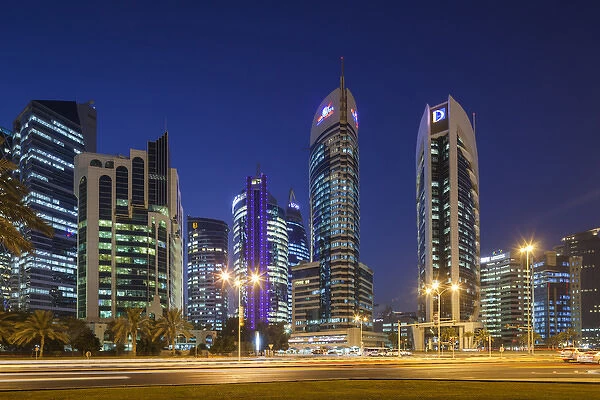 Qatar, Doha, Doha Bay, West Bay Skyscrapers, dusk