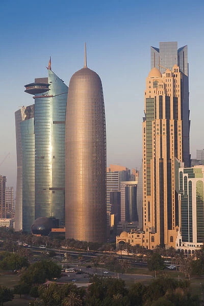 Qatar, Doha, Doha Bay, West Bay skyscrapers with World Trade Center and Burj Qatar