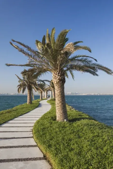 Framed Print : Qatar, Doha, West Bay walkway with palms Framed Print : Qatar, Doha, West Bay walkway with palms