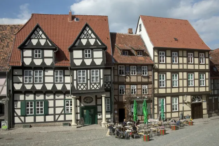Framed Print : QUEDLINBURG18142-2012-BARTRUFF. CR2 - Half- timbered skyline buildings atop Castle Hill in 1