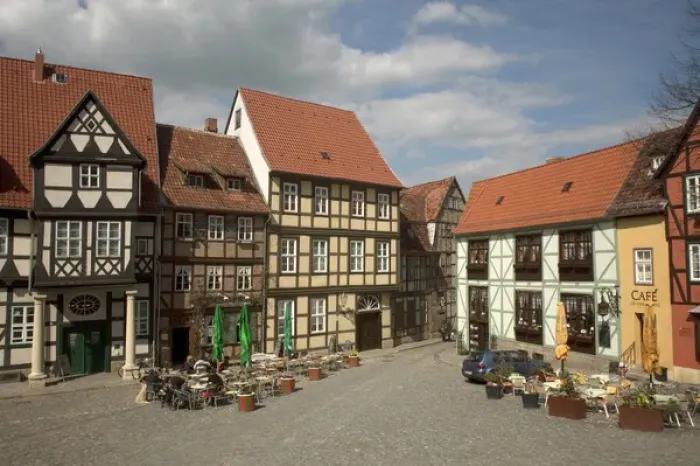 Framed Print : QUEDLINBURG18191-2012-BARTRUFF. CR2 - Typical Quedlinburg, Germany Old Town Square
