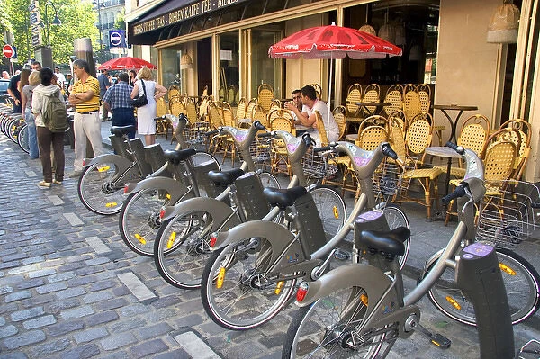 A rack of rental bicycles are part of the Velib, a bike transit system in Paris, France