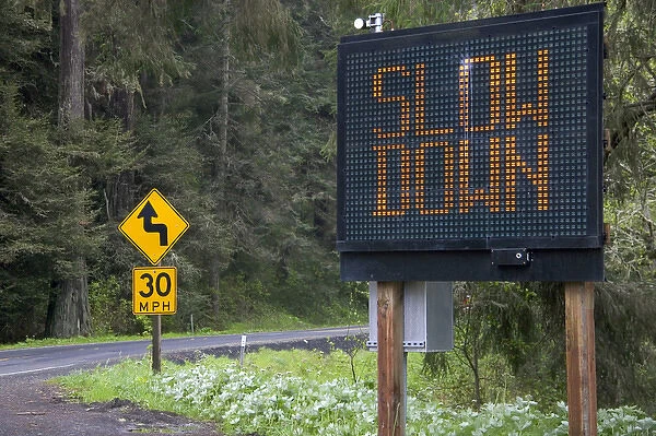 Radar operated digital road sign warning motorists to slow down on U. S. 101 north of Eureka