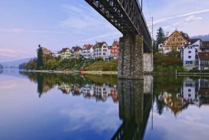 Framed Print : Railroad trestle over Rhine River at dusk, Schaffhausen, Switzerland Framed Print : Railroad trestle over Rhine River at dusk, Schaffhausen, Switzerland