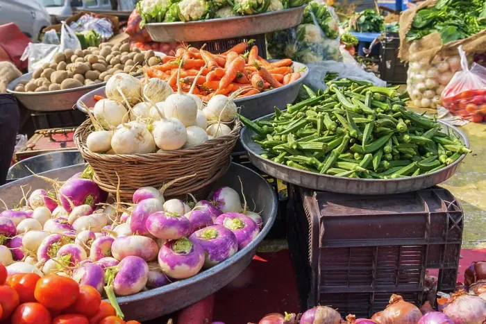 Framed Print : Rainawari, Srinagar, Jammu and Kashmir, India. Fresh vegetables at a market