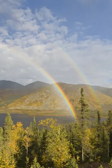 Framed Print : A rainbow arcs over autumn colors and Grayling Lake along the James Dalton Highway