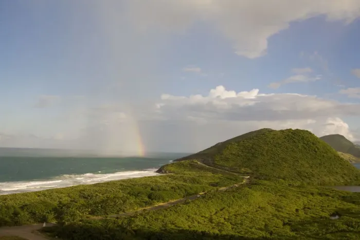 Framed Print : Rainbow over Frigate Bay, southeast peninsula, St Kitts, Caribbean