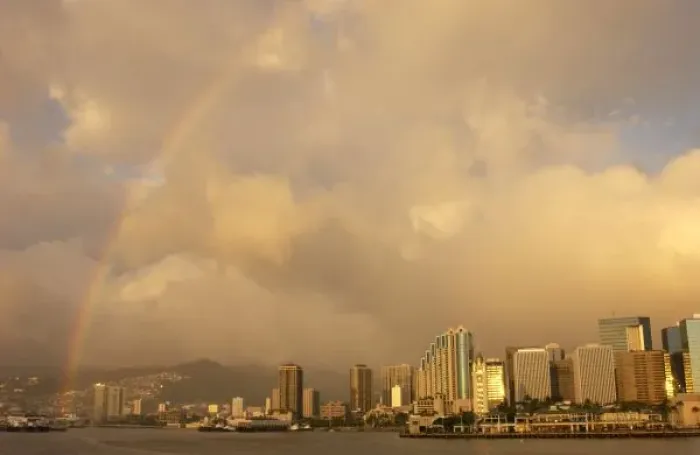 Framed Print : Rainbow over Honolulu Framed Print : Rainbow over Honolulu