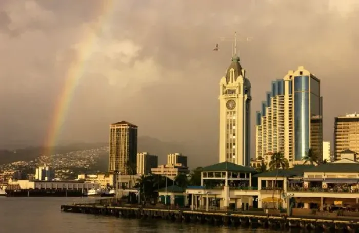 Framed Print : Rainbow over Honolulu Framed Print : Rainbow over Honolulu
